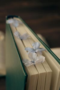 A book adorned with delicate blue hydrangea petals, conveying a vintage and tranquil mood.